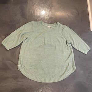 J Jill Green Cotton 3/4 Sleeve Curved Hem Sweater XL Pullover Textured Knit